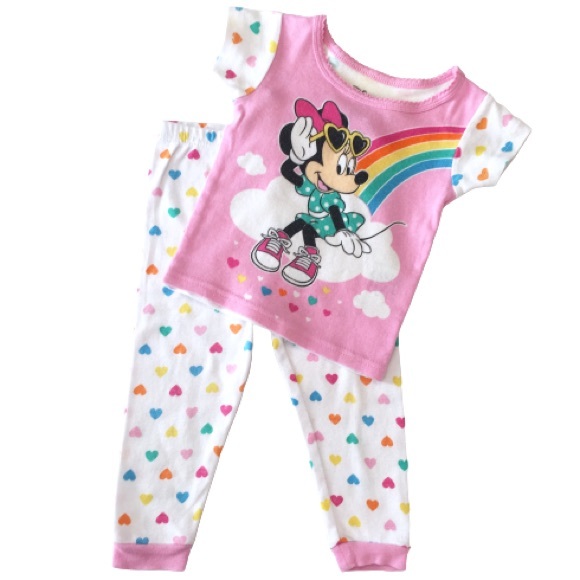 Disney Other - Disney Baby Girl Minnie Mouse Heart Rainbow Pink White Pajama Set Size 24 Months